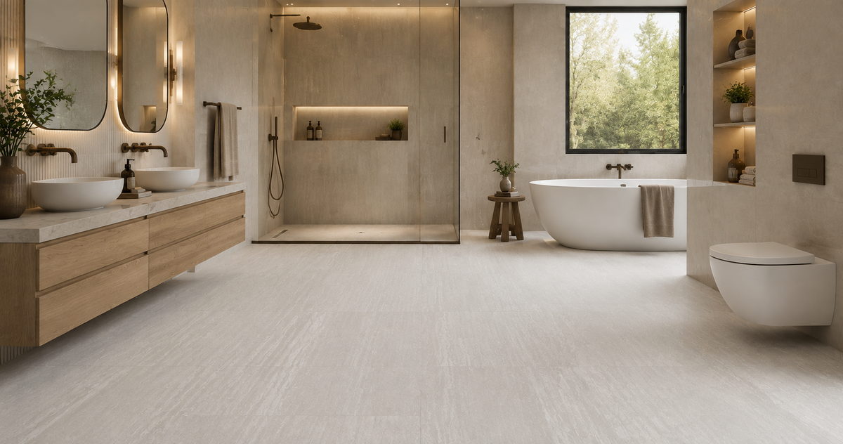 Trending grey porcelain bathroom idea: Dripart Titanium Matte 24x48 large-format flooring in a contemporary bathroom