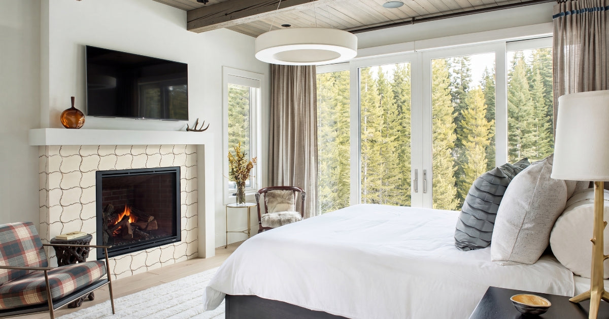 Bedroom tile idea: Calabash Ivory 6 x 6 - small-format ivory ceramic tile ideas in a styled bedroom