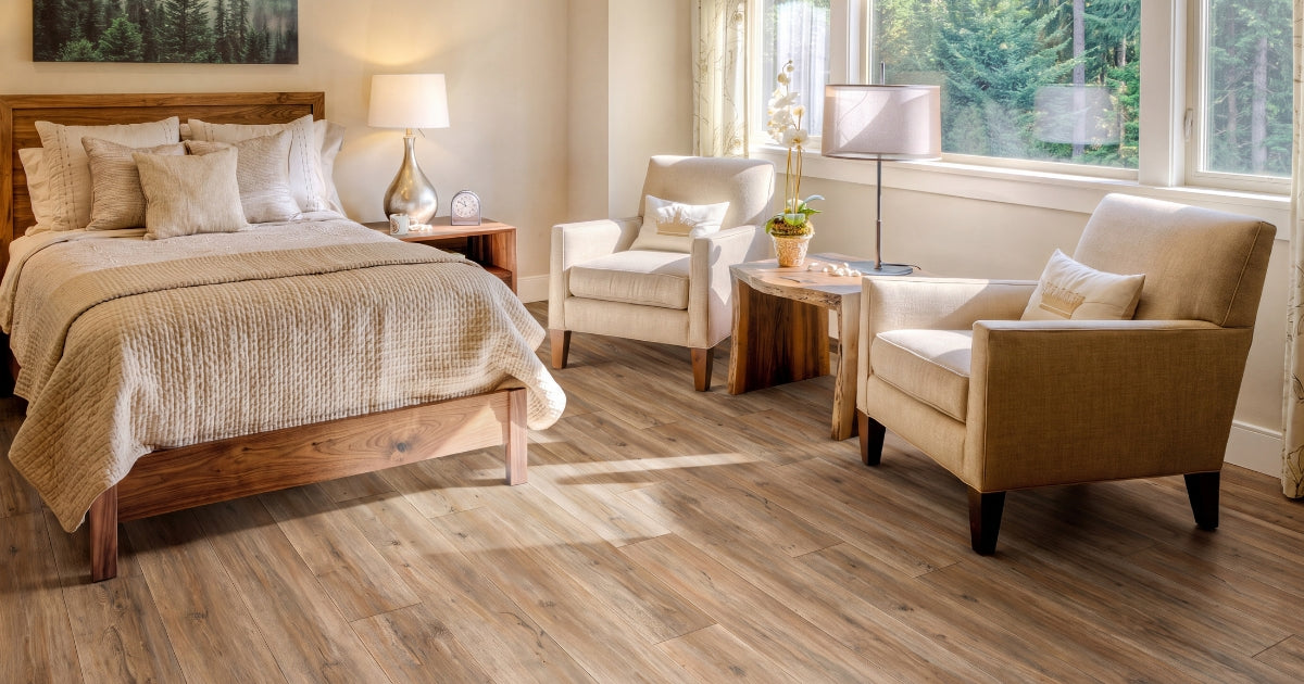 Bedroom tile idea: Planches Miel 8 x 48 - golden honey bedroom tile in a styled bedroom