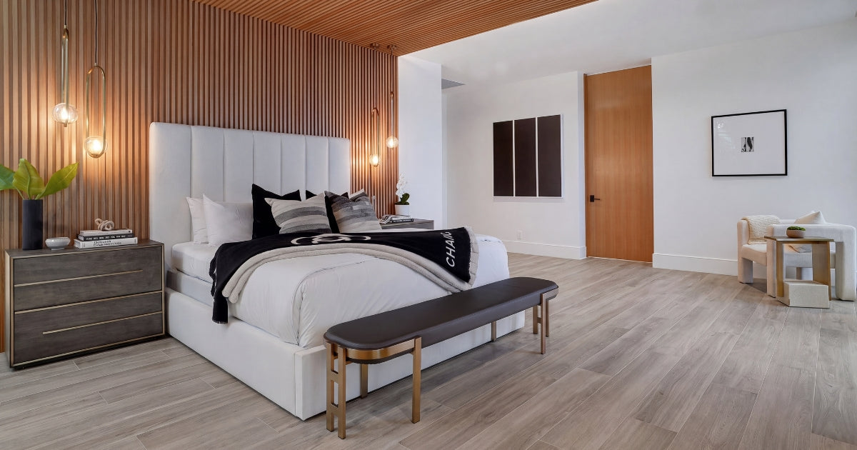 Bedroom tile idea: Havana Tortora 8 x 48 - cool taupe bedroom floor in a styled bedroom