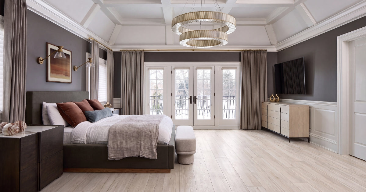 Bedroom tile idea: Soft Sugar 8 x 48 - woven-texture white bedroom tile in a styled bedroom