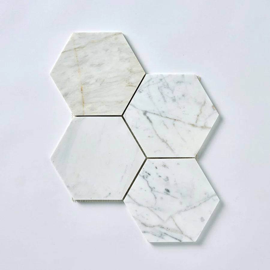 Carrara White Marble Hexagon Mosaic Tiles.