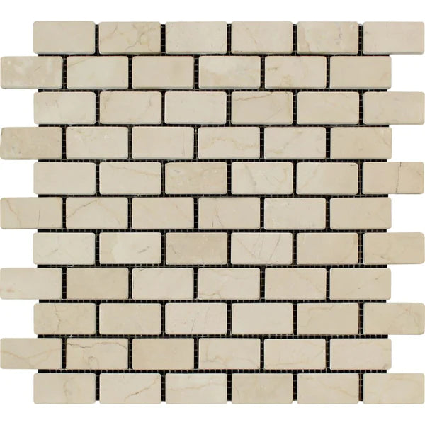 Crema Marfil Polished Baby Brick Mosaic Tiles.