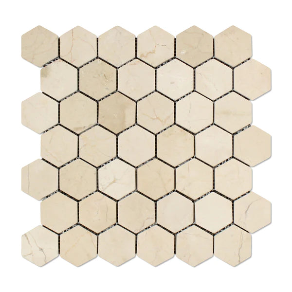 Tumbled Crema Marfil Hexagon Mosaic Tiles.