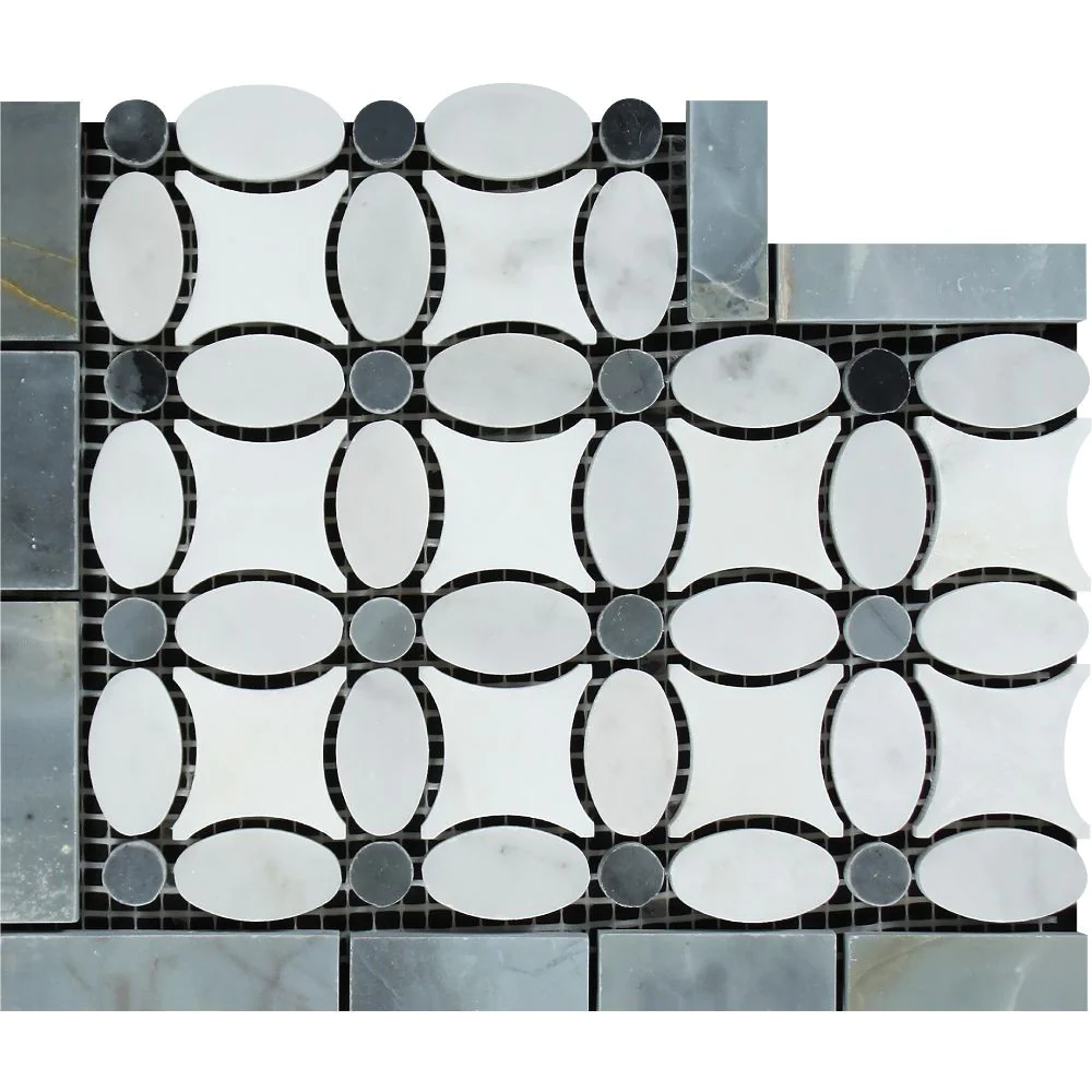 Thassos White Border Flower Border Corner with Black Accents Marble.