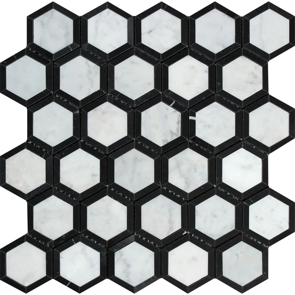 Carrara White Vortex Hexagon Black  Backsplash Wall Tiles.