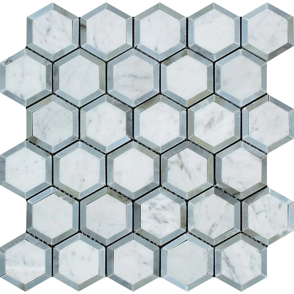 Carrara White Bianco Carrara Vortex Hexagon Blue Gray Marble.