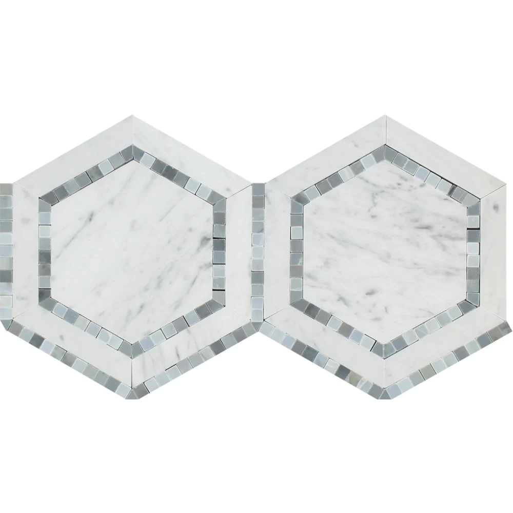 Carrara White Italian Bianco Carrara Marble Hexagon Combination with Blue Gray Ribbon Tiles.