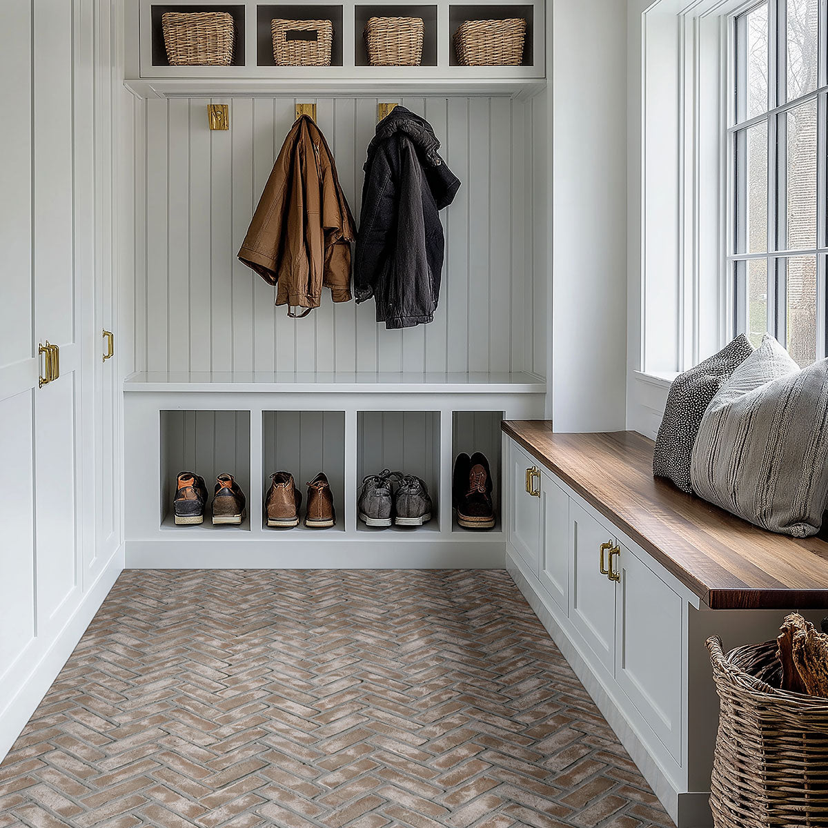 DOVERTON GRAY CLAY BRICK HERRINGBONE 2.25X7.5X0.5 NATURAL  - 2.25x10.75