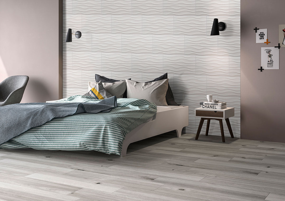 Dymo White Wavy 12x24 Glossy Ceramic Tiles for Elegant Shower Walls