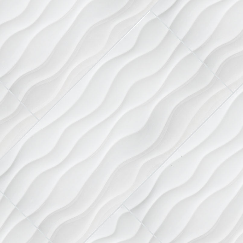 Dymo White Wavy 12x24 Glossy Ceramic Tiles for Elegant Shower Walls