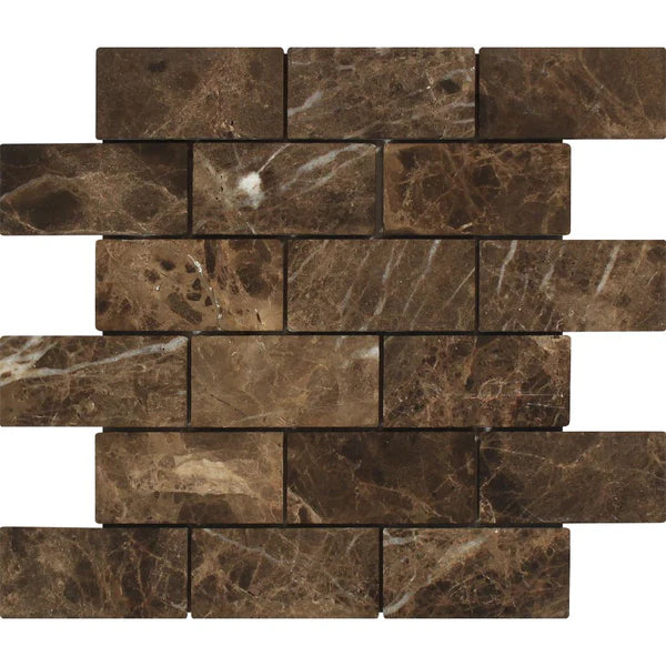 Tumbled Emperador Dark Marble Brick Mosaic Tiles.