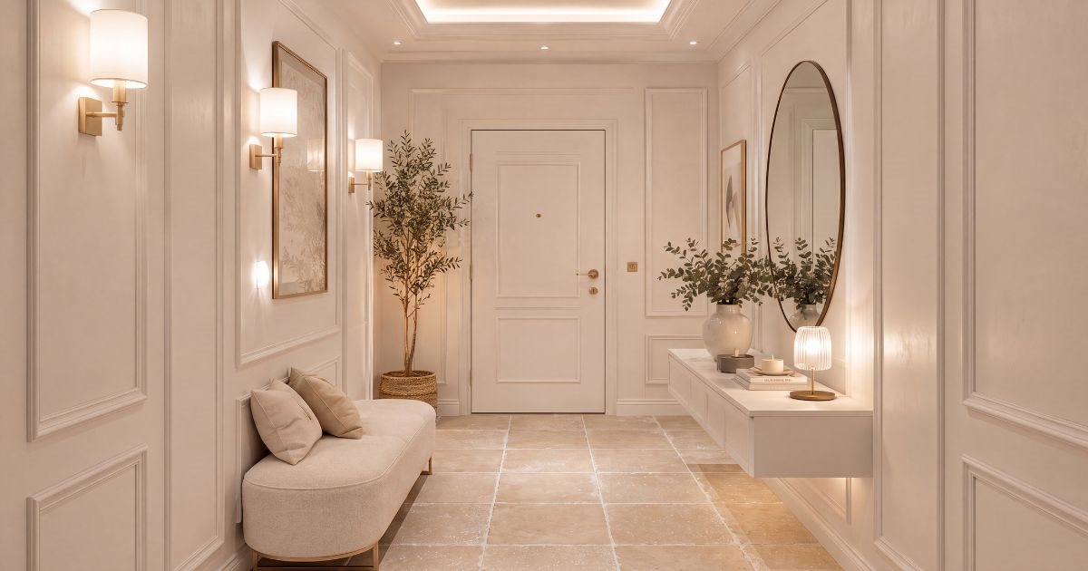 Entryway tile idea: Ostuni Sabbia 16 x 16 - warm stone look entryway tile ideas in a styled entryway