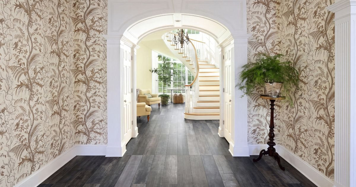 Entryway tile idea: Taiga Vinter 6 x 36 - wood look entryway flooring in a styled entryway