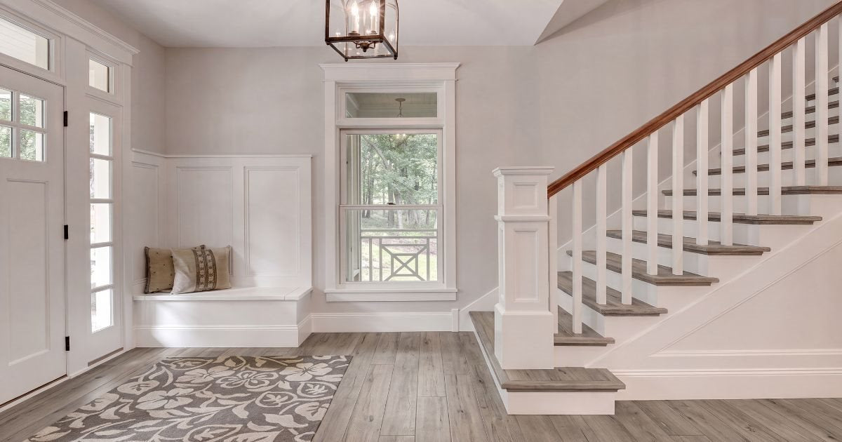 Entryway tile idea: Ewood Vintage Grey 6 x 36 - grey wood entryway tile designs in a styled entryway