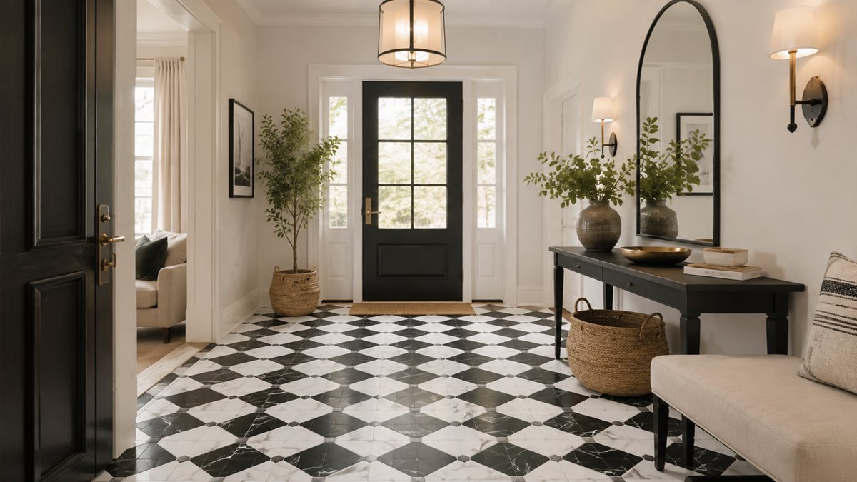Entryway tile idea: Casa Tuxedo 17X17 Matte - bold black entryway floor tile in a styled entryway