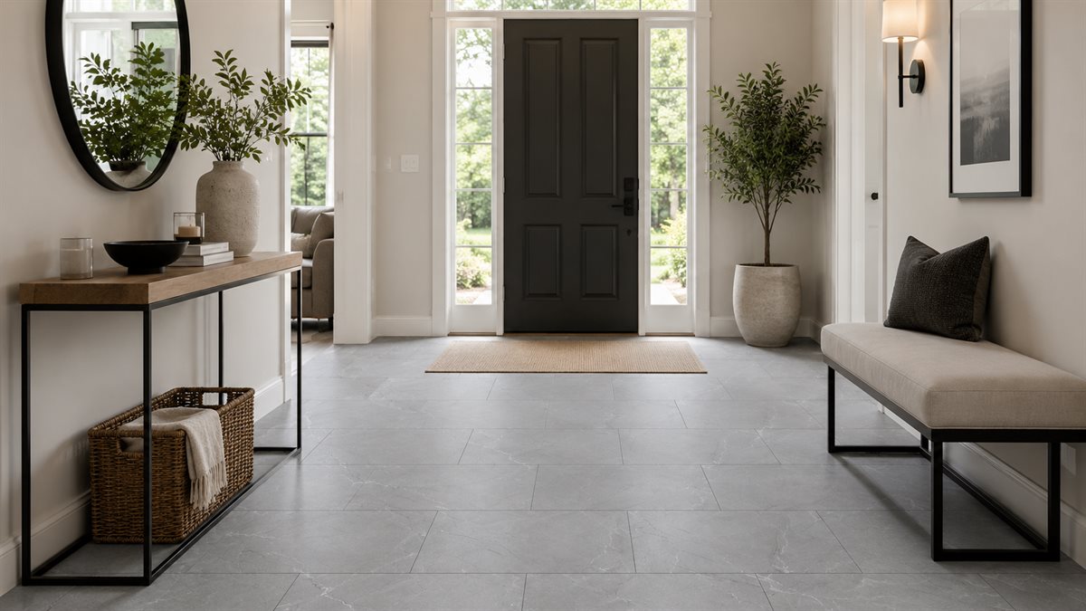 Entryway tile idea: Aylana Gris 12X24 Matte - simple grey entryway tile ideas in a styled entryway