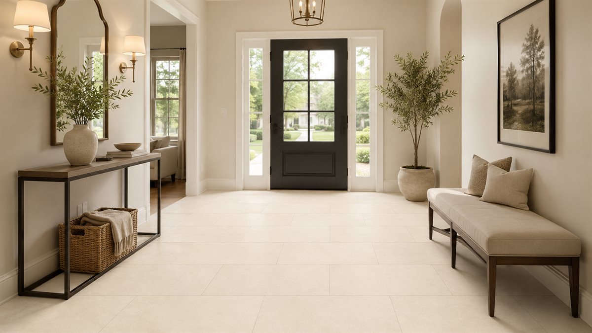 Entryway tile idea: Cementique Talc 24X48 Matte 3D - concrete look entryway tile ideas in a styled entryway