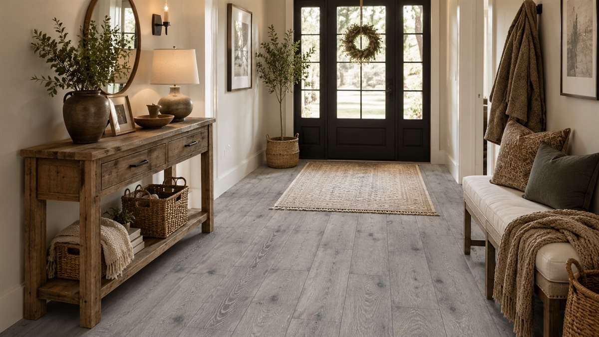 Entryway tile idea: Antoni Gris 6X36 Matte - grey plank entryway flooring in a styled entryway