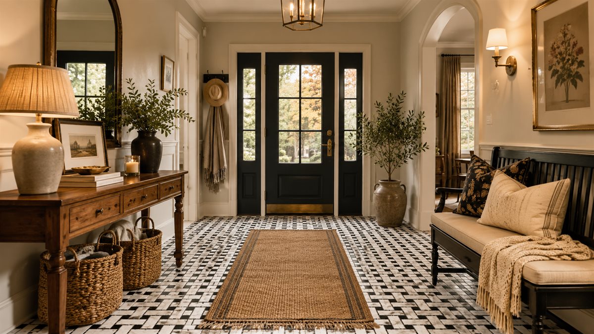 Entryway tile idea: Carrara White Marble Octagon with Black Dot Mosaic - classic octagon mosaic entryway floor in a styled entryway