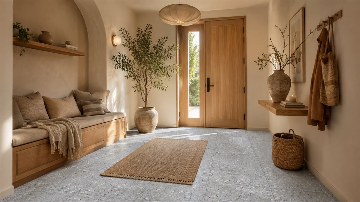 Entryway tile idea: Arterra Paver Terrazzo Gris 24X24X2CM - indoor outdoor entryway paver tile in a styled entryway