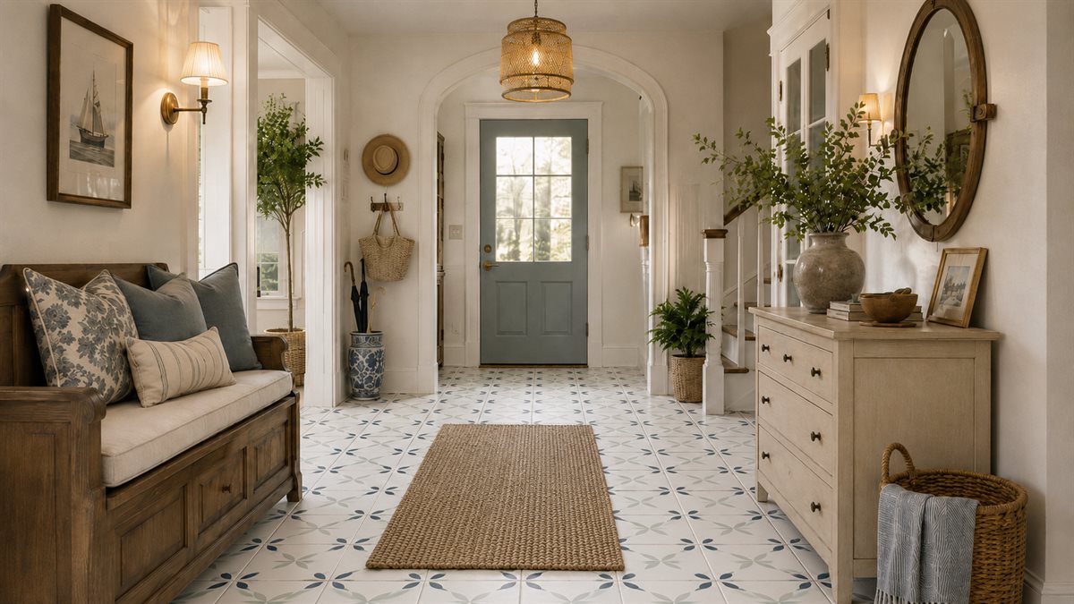 Entryway tile idea: Zaria Gre 8x8 Matte Encaustic Porcelain Wall Tiles - encaustic pattern entryway wall tile in a styled entryway