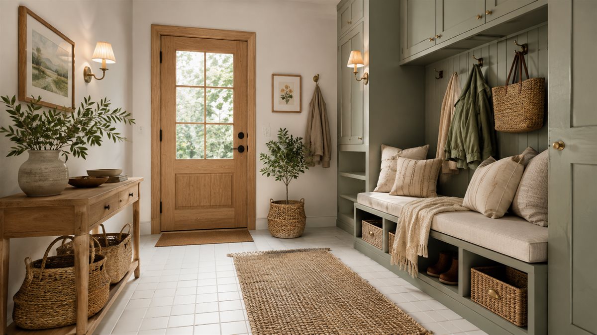 Entryway tile idea: White 2x2x6mm Matte Mosaic - small white mosaic entryway tile in a styled entryway