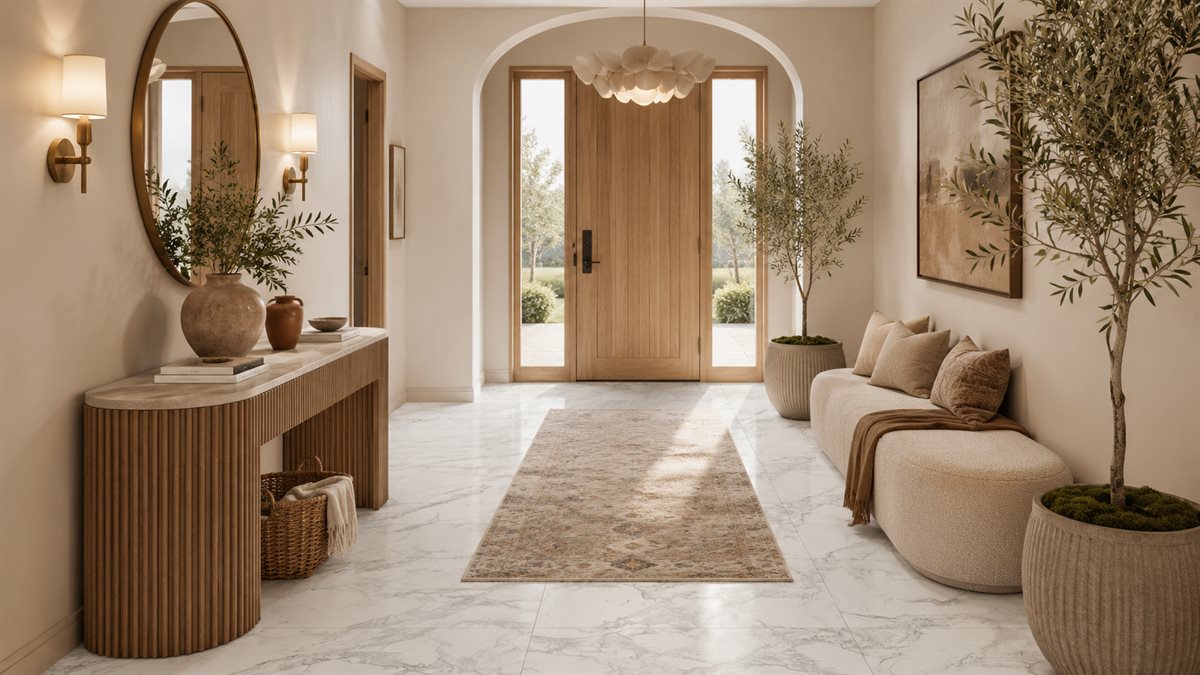 Entryway tile idea: Volakas Honed Marble Tile 12x24 - honed white marble entryway floor in a styled entryway