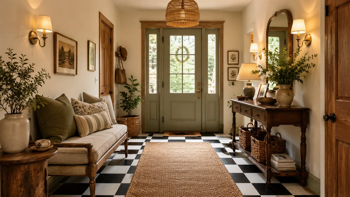 Entryway tile idea: White and Black 4" Checkered Matte - checkerboard entryway tile ideas in a styled entryway
