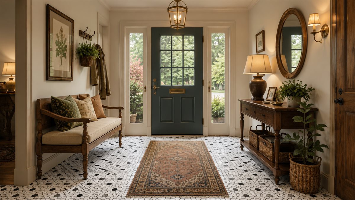 Entryway tile idea: Black and White 1" Hexagon Matte - vintage hexagon entryway tile ideas in a styled entryway