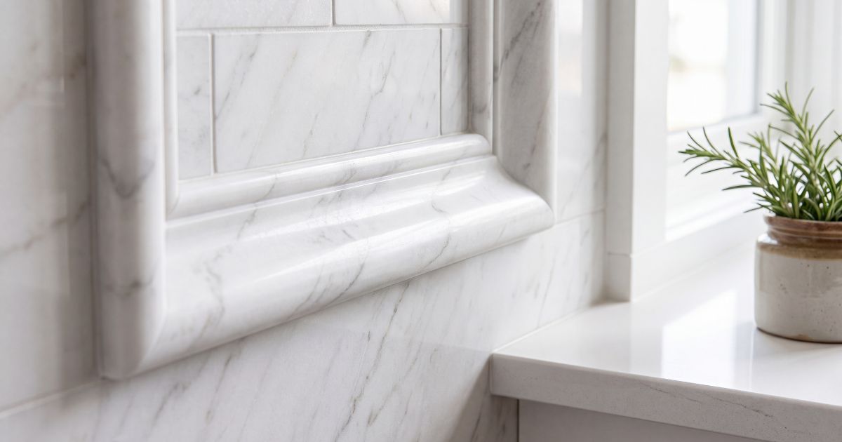 Kitchen tile idea: Bianco Dolomite Marble Pencil Liner - pencil liner trim for kitchen backsplash in a styled kitchen