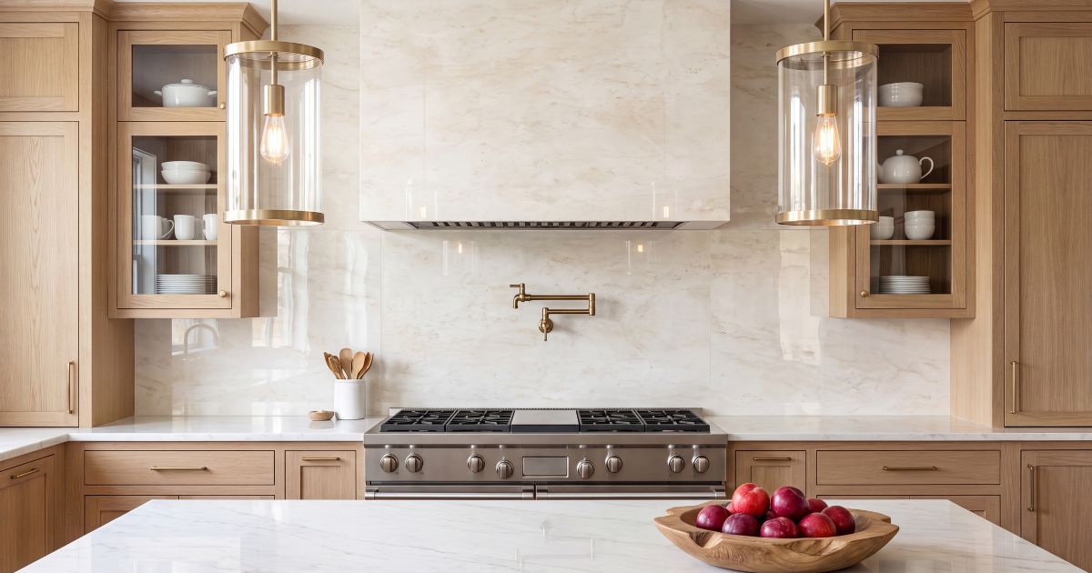 Kitchen tile idea: Bianchi Sorrento Luc 32 x 71 - oversized glossy marble-look kitchen backsplash in a styled kitchen