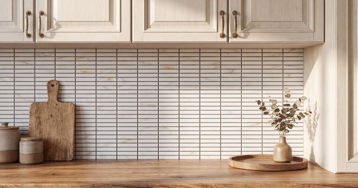 Kitchen tile idea: Hulu Calacatta Band Matte 11.25 x 12 - calacatta gold mosaic kitchen accent in a styled kitchen