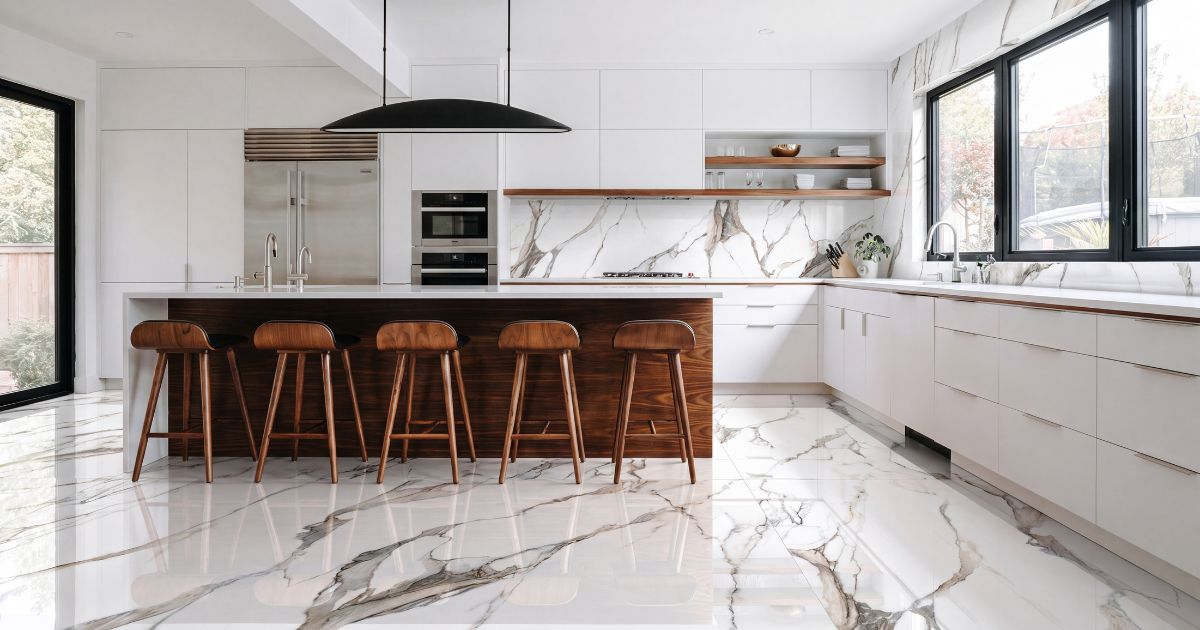 Kitchen tile idea: Calacatta Fantasy Topo Polished 48 x 48 - dramatic calacatta marble-look kitchen island in a styled kitchen