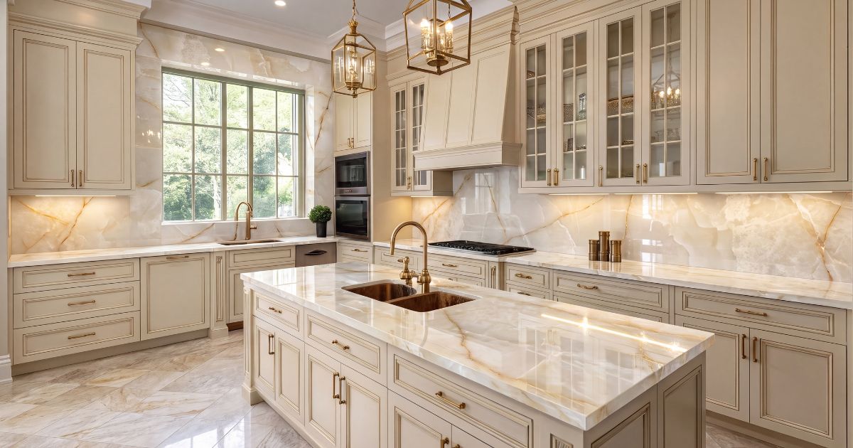 Kitchen tile idea: Reves Perle Glossy 32 x 71 - pearl white glossy kitchen backsplash in a styled kitchen