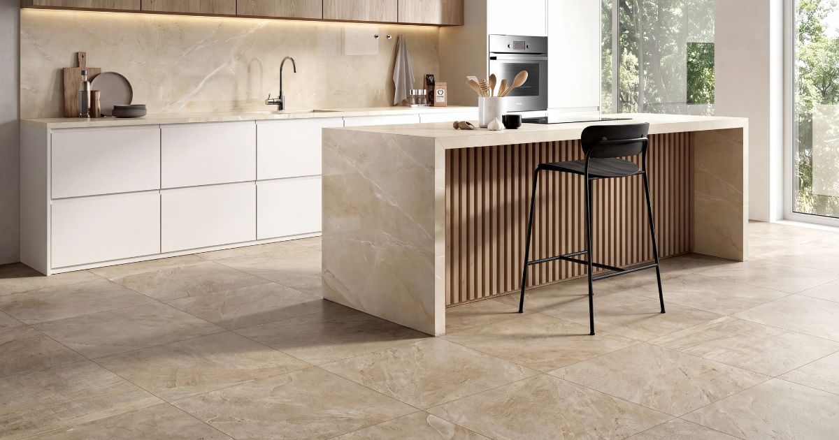 Kitchen tile idea: Matieres Mou 32 x 32 - textured neutral kitchen floor tile in a styled kitchen