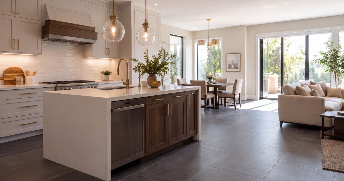 Kitchen tile idea: Plain Iron 30 x 60 - dark charcoal grey kitchen floor tile in a styled kitchen