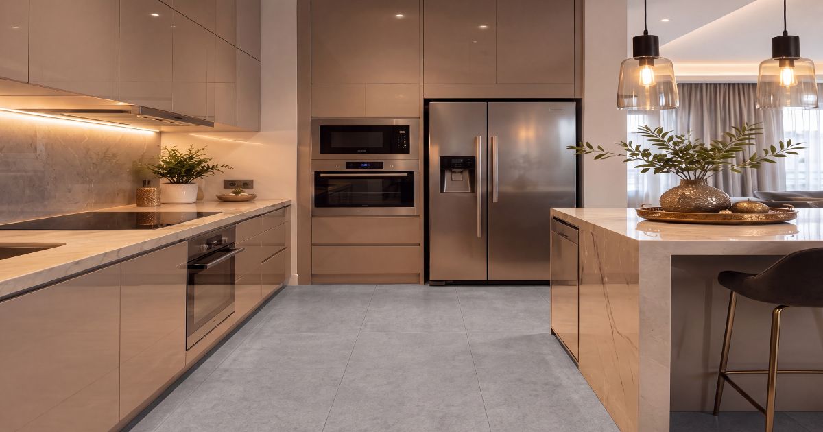 Kitchen tile idea: Core Argent 30 x 60 - silvery grey porcelain kitchen floor tile in a styled kitchen