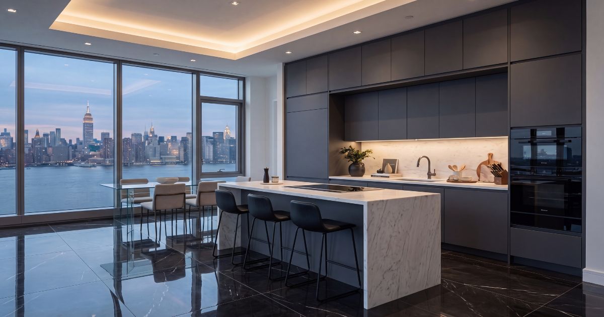 Kitchen tile idea: Prestigio Marquinia Lucido 30 x 30 - black marble-look kitchen accent floor in a styled kitchen