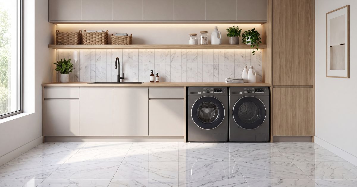 Laundry room tile idea: Carrara White Marble 12"x12" Tile - white laundry room floor tile ideas in a styled laundry room