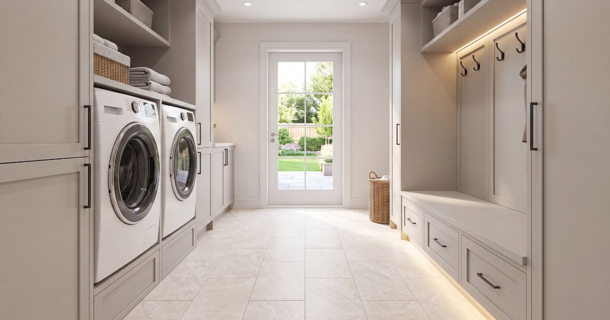 Laundry room tile idea: OL Taj Mahal Cream Matte 12 x 24 - warm neutral tile designs in a styled laundry room