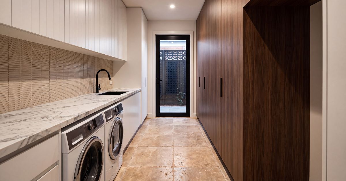 Laundry room tile idea: Ostuni Tufo 24 x 24 - stone-look tile designs in a styled laundry room