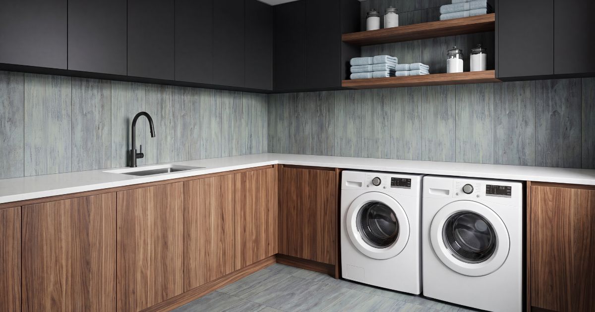 Laundry room tile idea: Dripart Verdigris Matte 12 x 24 - green porcelain tile in a styled laundry room