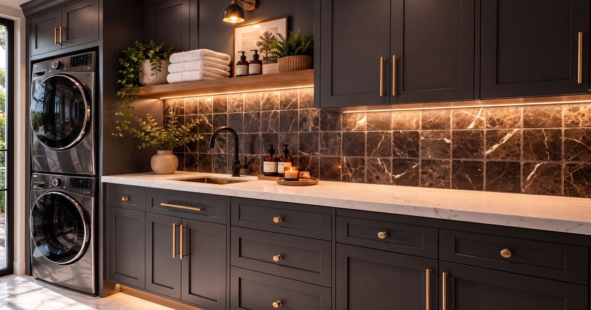 Laundry room tile idea: Emperador Dark Marble 4"x4" Tumbled Tile - dark marble accent ideas in a styled laundry room