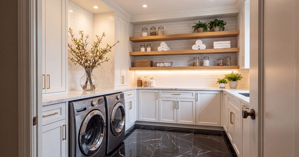 Laundry room tile idea: Nero Marquina Marble 12"x12" Tile - dark luxury tile styles in a styled laundry room