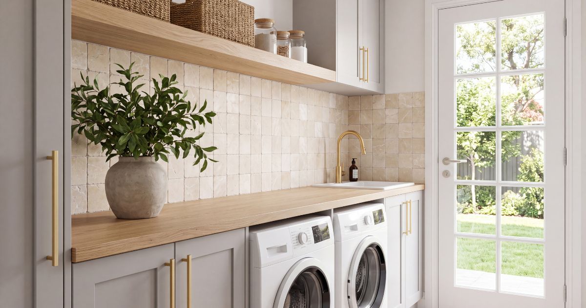 Laundry room tile idea: Crema Marfil Marble 4"x4" Tumbled Tile - beige tile designs in a styled laundry room