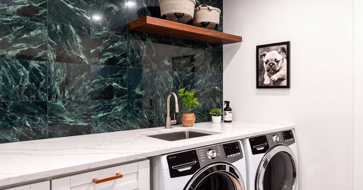 Laundry room tile idea: Empress Green Marble 12"x12" Polished Tile - jewel tone designs in a styled laundry room