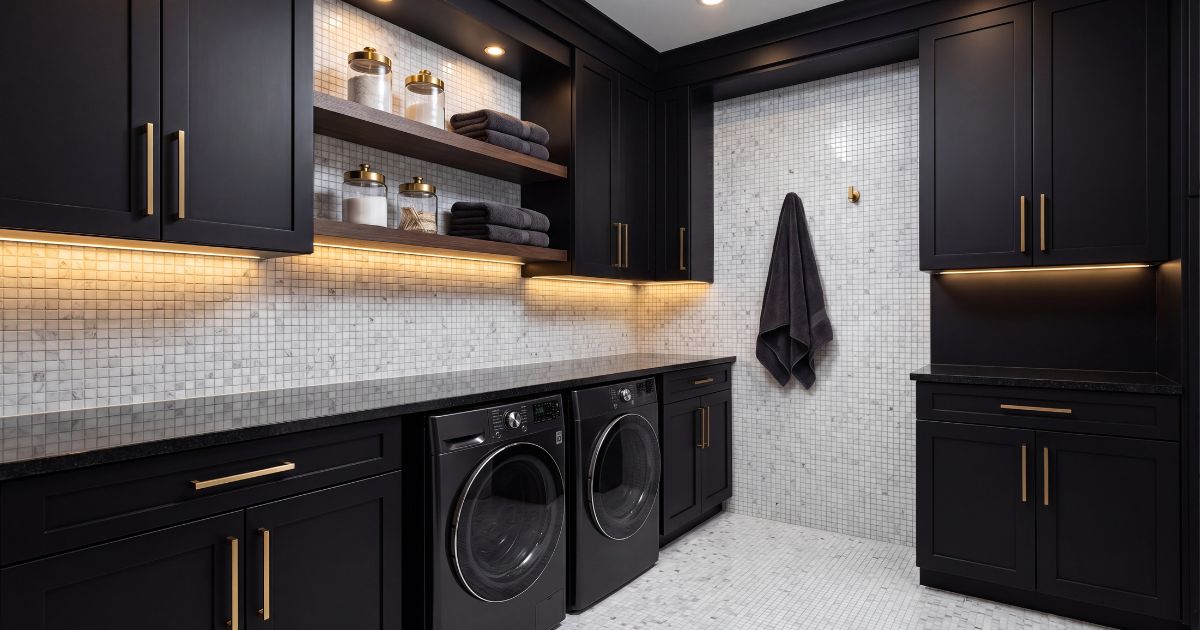 Laundry room tile idea: Carrara White Marble 3/8"x3/8" Mosaic - carrara white mosaic trends in a styled laundry room