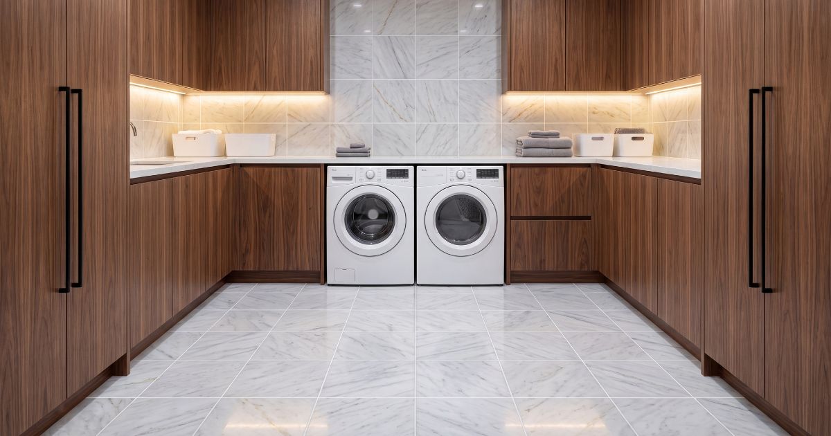 Laundry room tile idea: Asian Statuary Marble 12"x12" Tile - asian statuary designs in a styled laundry room
