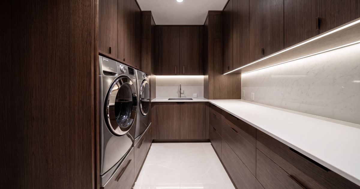 Laundry room tile idea: Thassos White Marble 12"x12" Tile - white marble trends in a styled laundry room